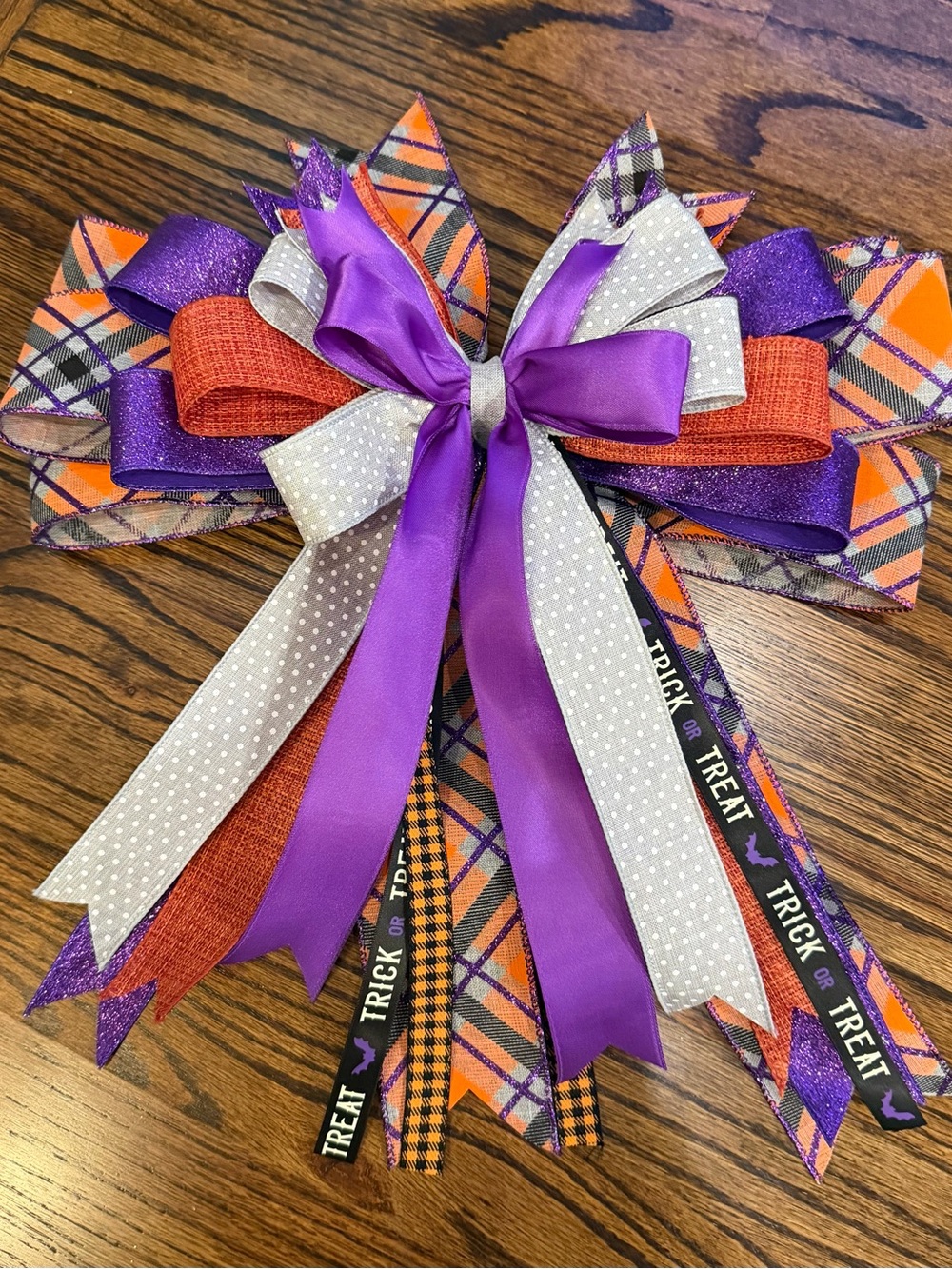 Halloween Ribbon Door Bow - Purple Orange White Decorative Wreath Accent